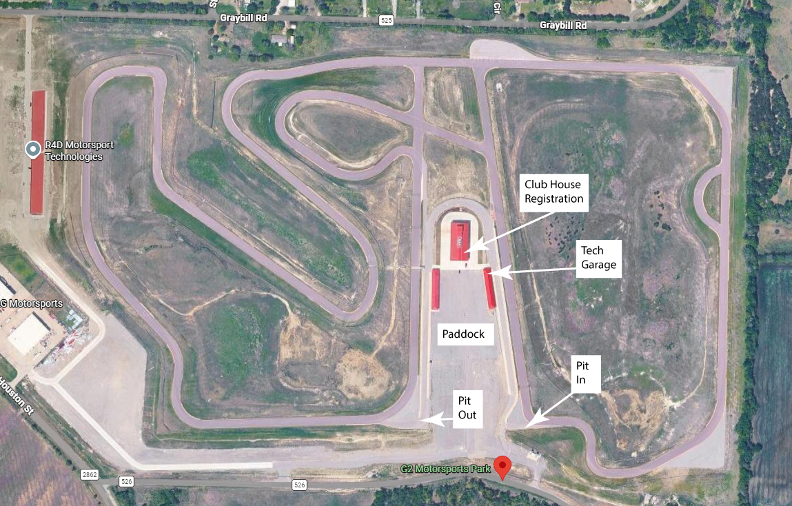 Road Atlanta ChampCar map showing paddock, tech shed, registration, pit in and pit out