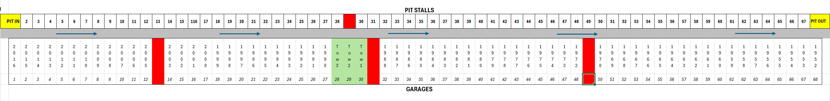 Pit lane map for The Sebring NYE 14-Hour Enduro